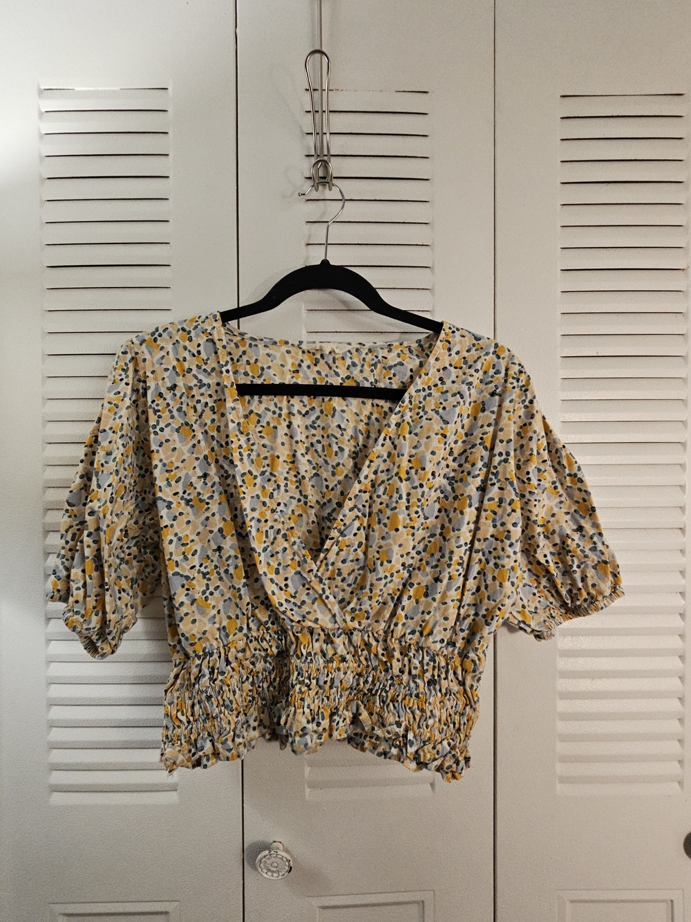 Yellow Smocked-Waist V-Neck Blouse